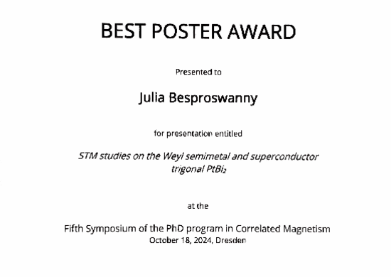 Best Poster Award, Fifth Symposium of the PhD program in Correlated Magnetism